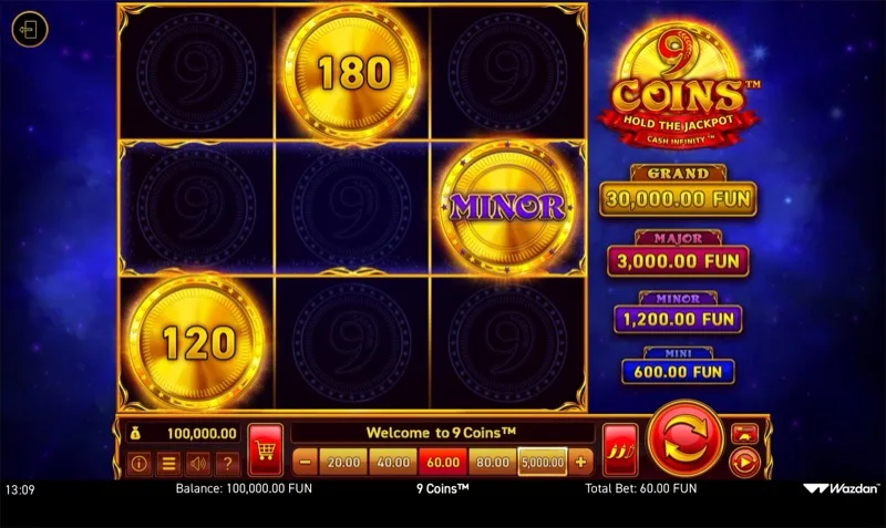 9 Coins Hold the Jackpot slot by Wazdan showing coin collection bonus with four jackpot tiers