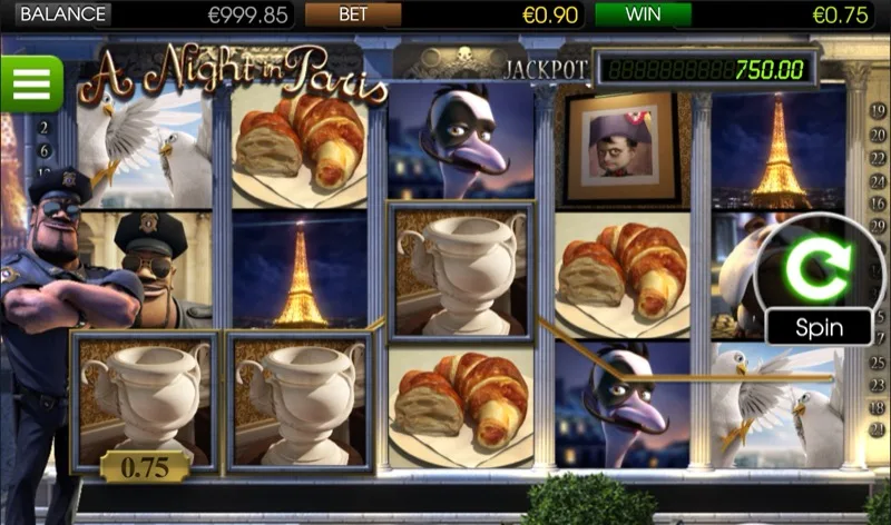 A Night in Paris 3D slot by Betsoft showing cinematic Eiffel Tower scene with 97.33% RTP