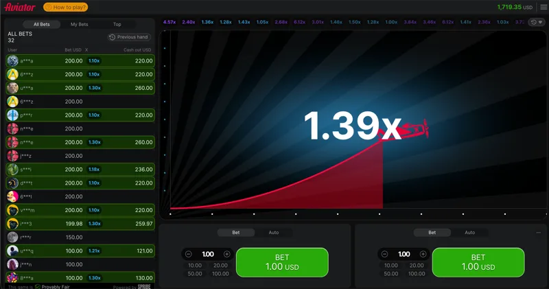 Aviator crash game by Spribe showing 1.39x rising multiplier with dual bet panels