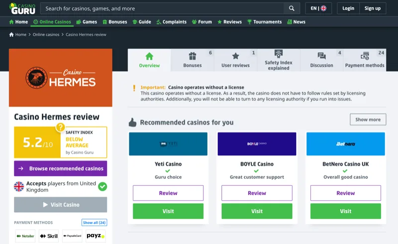 Casino.Guru Hermes Casino review page showing 5.2/10 safety index rating
