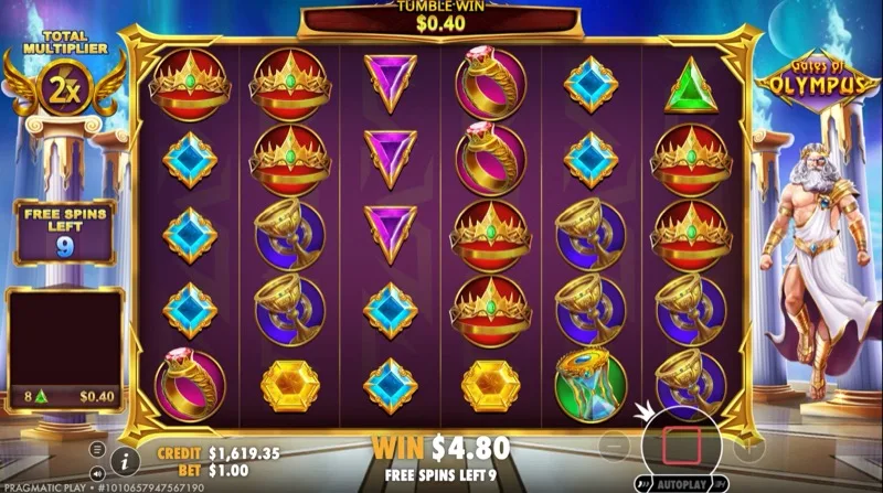 Gates of Olympus slot by Pragmatic Play showing Zeus with multiplier orbs during free spins