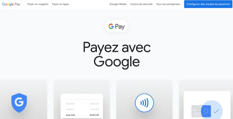 Google Pay contactless payment homepage showing secure transaction features