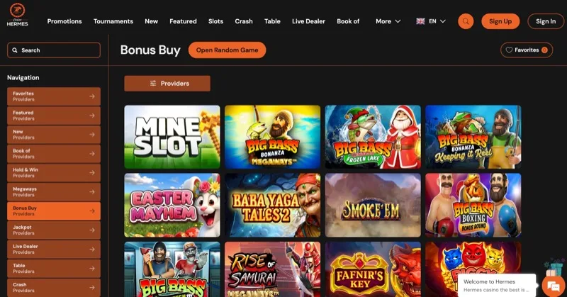 Hermes Casino Bonus Buy slots section featuring Big Bass Bonanza series, Easter Mayhem, and Rise of Samurai