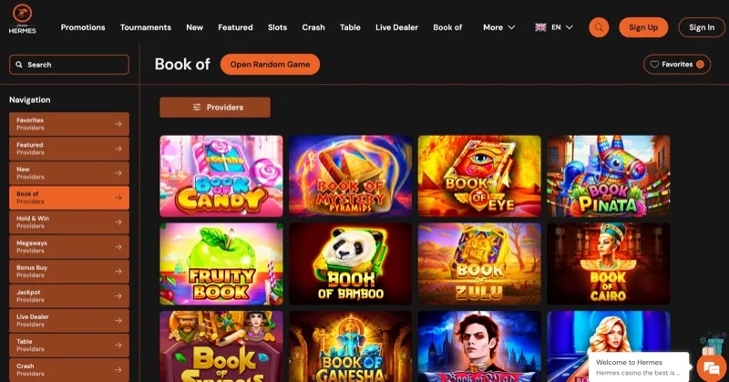 Hermes Casino Book of slots collection including Book of Candy, Book of Mystery Pyramids, and Book of Eye