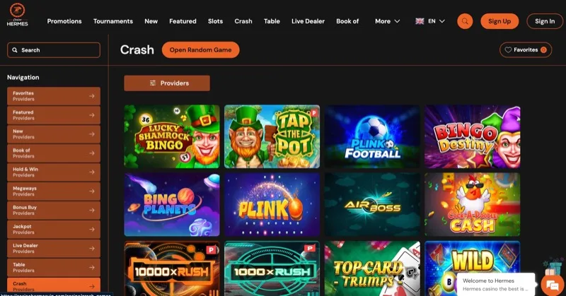 Hermes Casino crash games section showing Plinko, 10000x Rush, and other crash-style games