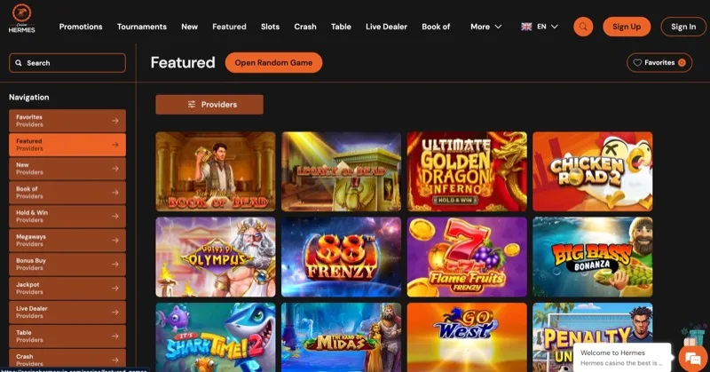 Hermes Casino featured slots including Book of Dead, Gates of Olympus, and Big Bass Bonanza