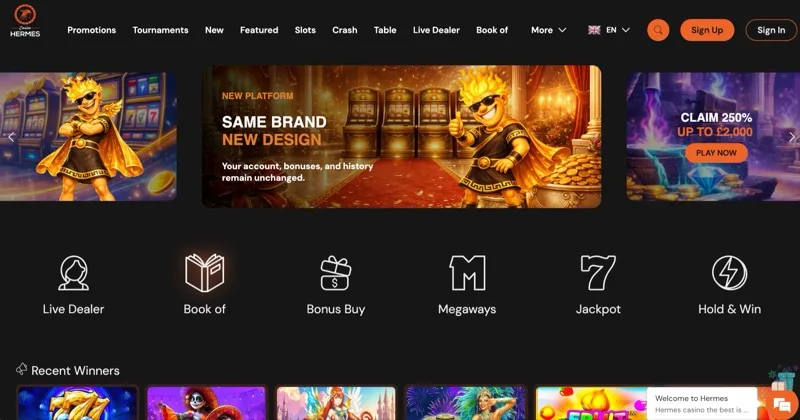 Hermes Casino homepage showing game categories, welcome banner, and navigation menu