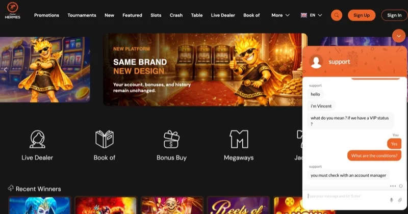 Hermes Casino live chat support window showing VIP status conversation with agent