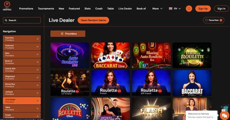 Hermes Casino live dealer lobby showing Auto Roulette, Baccarat Live, and European Roulette with real dealers