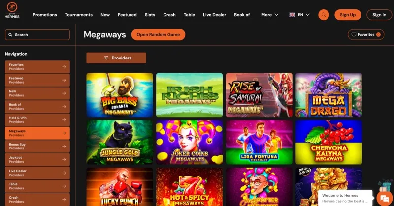 Hermes Casino Megaways slots lobby showing Big Bass Bonanza Megaways, Irish Riches Megaways, and other titles