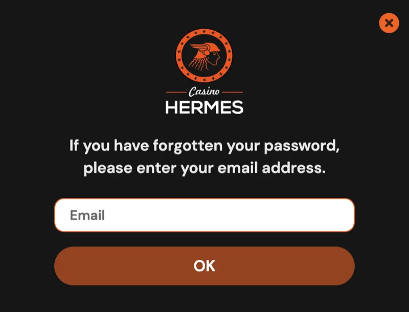 Formulaire de réinitialisation de mot de passe Hermes Casino demandant l'adresse email