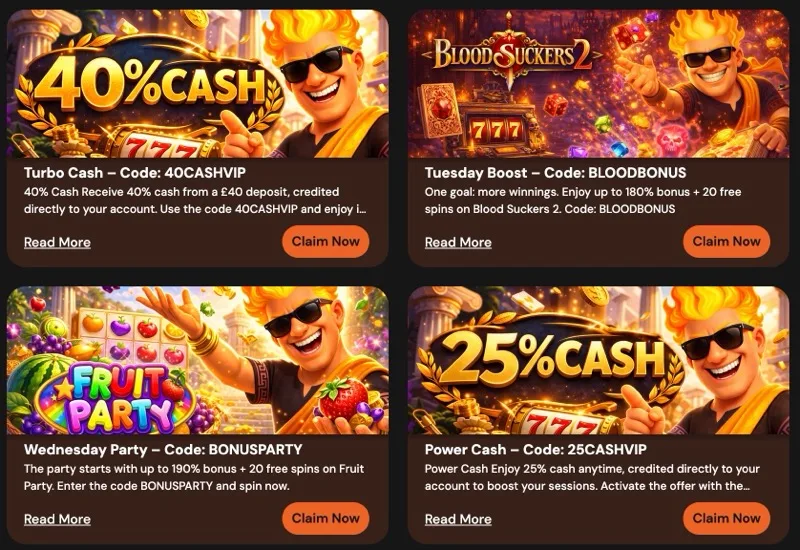 Hermes Casino promotions page showing Turbo Cash, Tuesday Boost, Wednesday Party, and Power Cash bonus codes