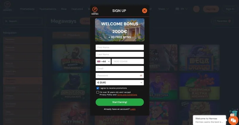 Hermes Casino registration form showing name, phone, email, and password fields with 2000 EUR welcome bonus
