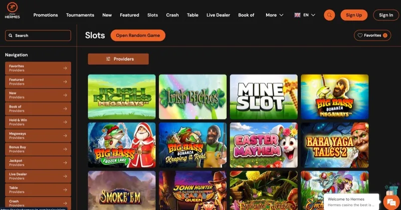 Hermes Casino slots lobby displaying Irish Riches Megaways, Big Bass Bonanza, and other popular titles