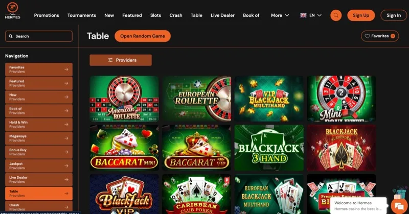 Hermes Casino table games lobby showing American Roulette, European Roulette, Blackjack, and Baccarat variants
