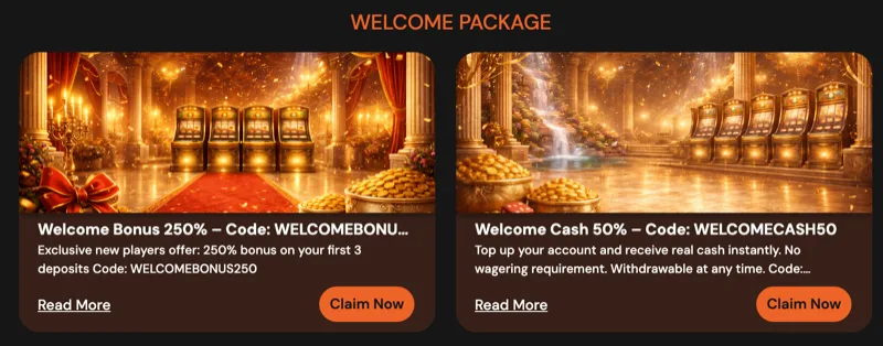 Hermes Casino welcome package showing 250% bonus and 50% cash offers with claim buttons