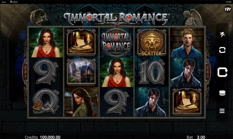 Immortal Romance vampire-themed slot by Microgaming with 96.86% RTP showing character symbols