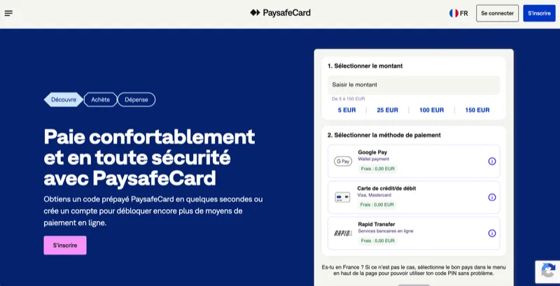 Paysafecard prepaid voucher purchase page showing EUR denomination options