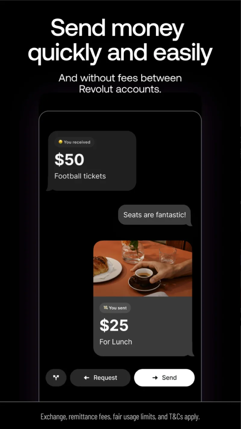Revolut mobile app showing instant money transfer feature between accounts