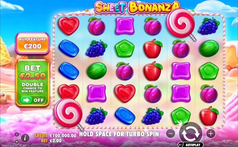 Sweet Bonanza candy-themed slot by Pragmatic Play with 6x5 tumble grid and bonus buy feature